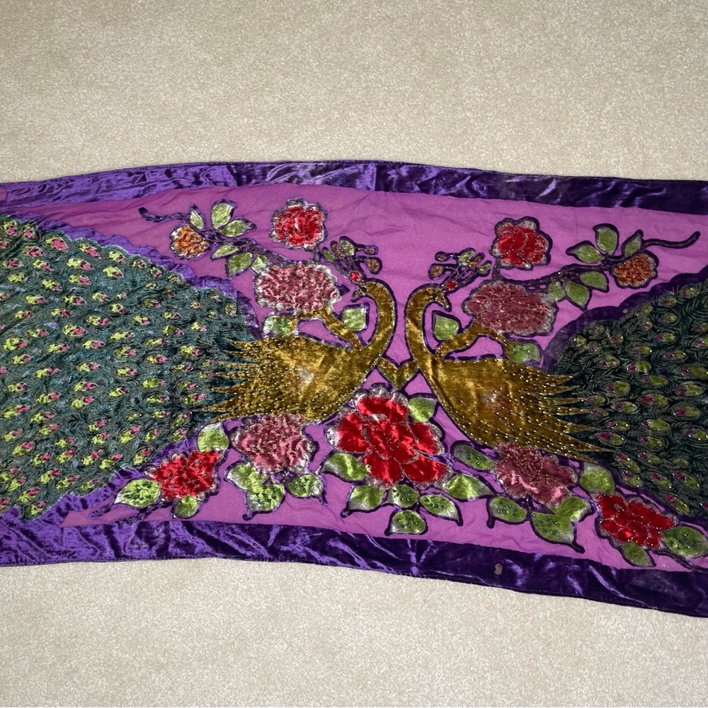 Peacock Velvet Silk Blend Burnout Wrap Scarf Shawl - beaded vintage purple - Picture 3 of 15